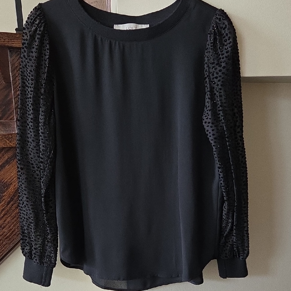 LOFT Black Blouse with Sequin Sleeves